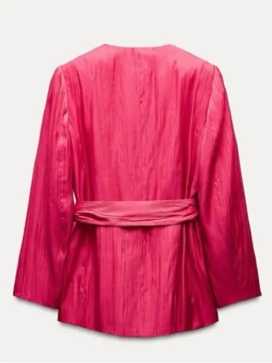 Zara NEW Crinkle Satin Blazer and Wide Leg Trousers SET Fuchsia Pink XS Shiny - Picture 13 of 15